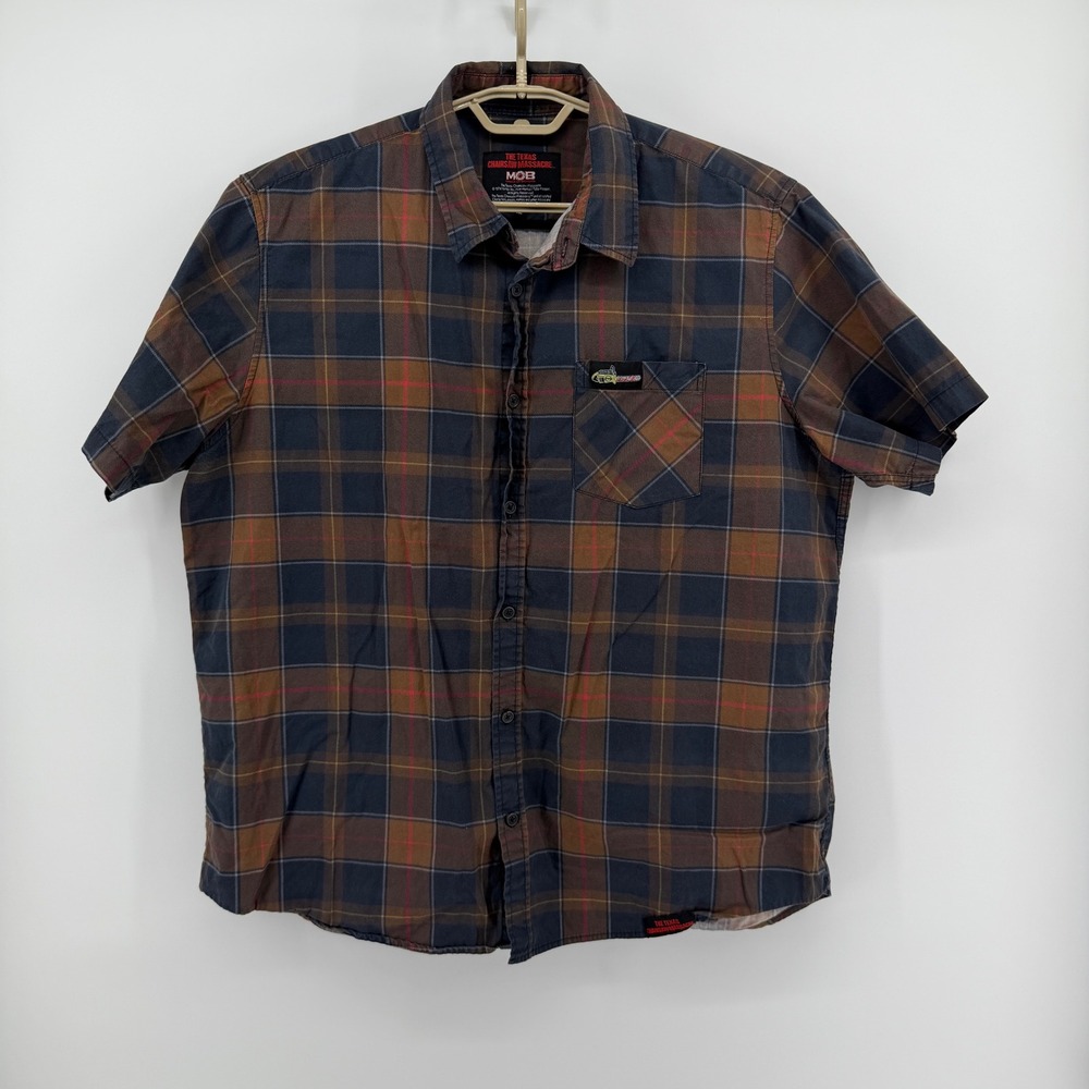Middle of Beyond Texas Chainsaw Massacre Plaid Shirt Mens XL Brown Short Sleeve
